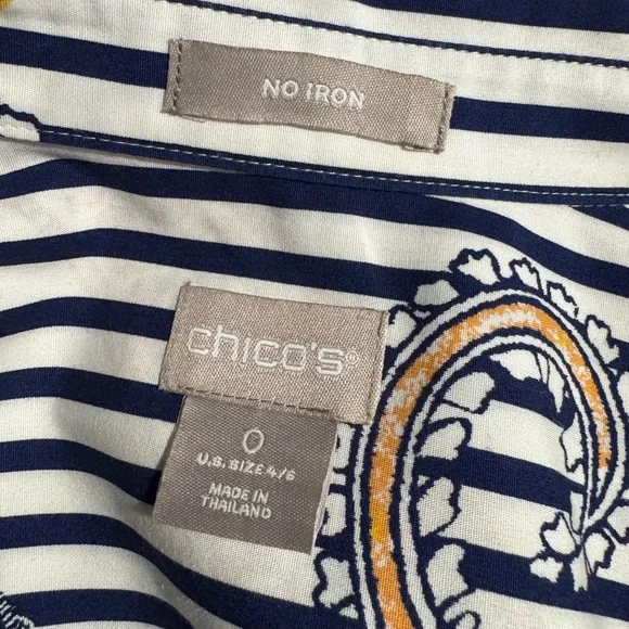 Chico's Navy & White Striped Paisley Button Down Casual Chic Shirt Size 0 (4/6) - Picture 8 of 9